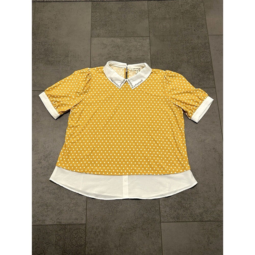 Faith and Joy Los Angeles Size XL Short Sleeve Yellow Polka Dot Top twee whimsy